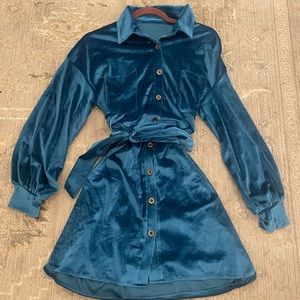 Blue velvet dress with tie belt - small